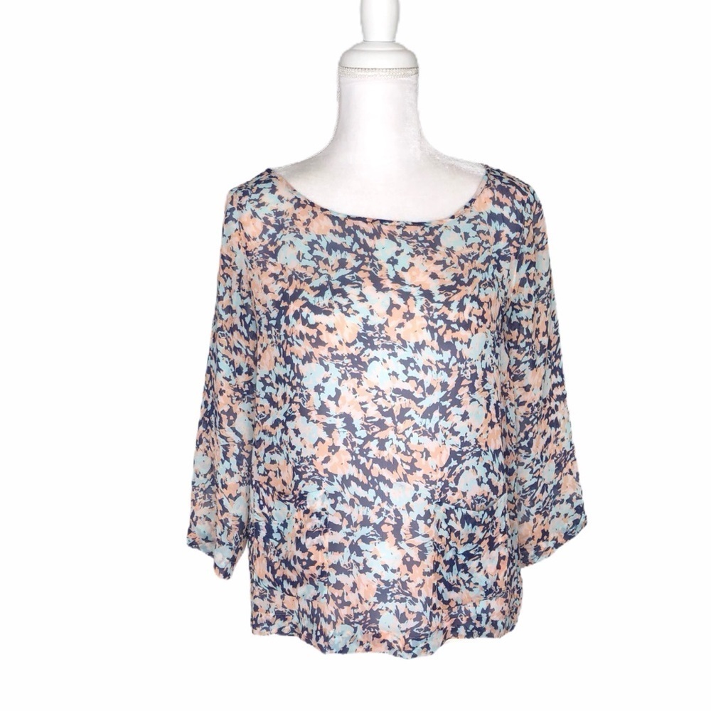 Club Monaco sheer silk blue peach spring blouse top Small